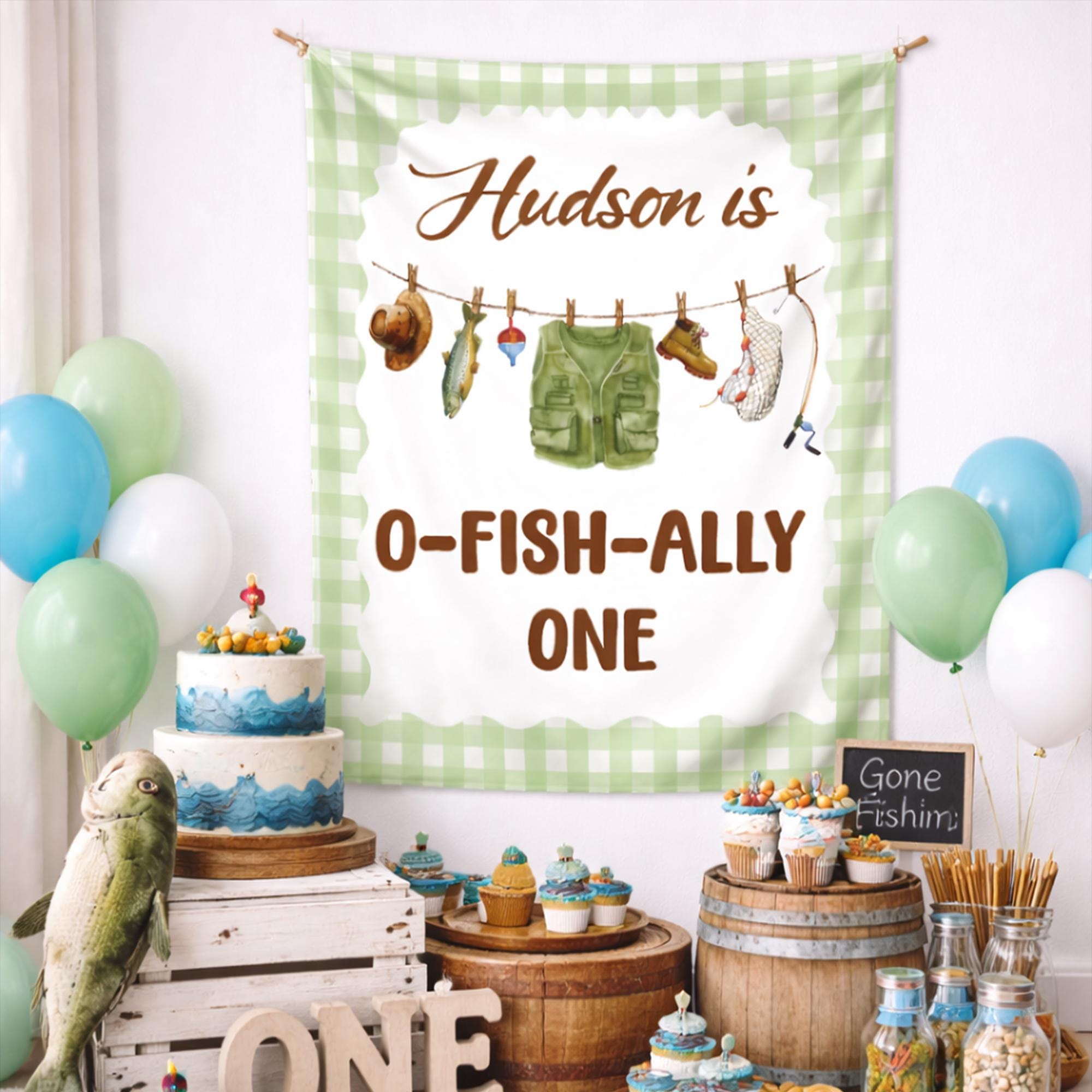 Personalized Fishing First Birthday Banner with Name Hudson, Rustic Green Gingham Border and Clothesline Design, O-Fish-Ally One Party Backdrop