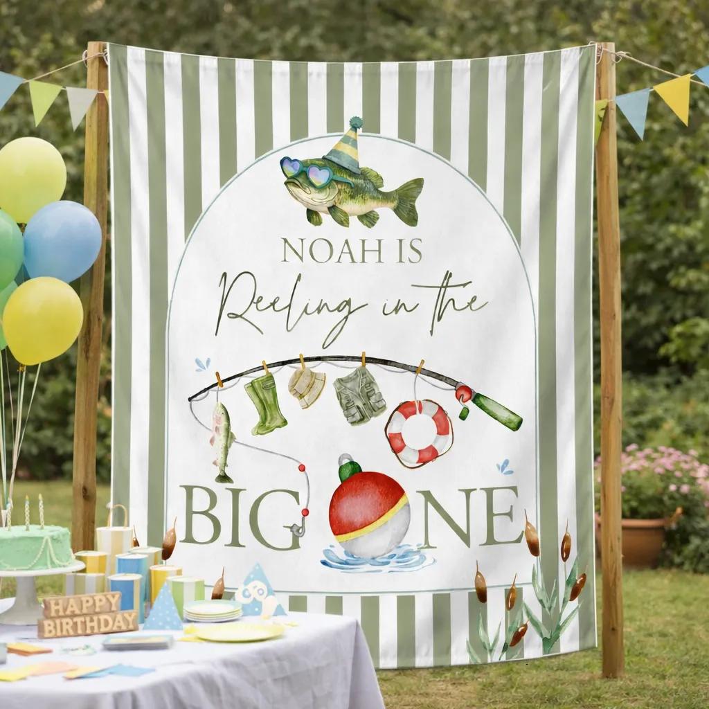 Personalized Fishing First Birthday Banner with Sage Green Stripes Custom Name Party Backdrop Reelin in the Big One Fishing Theme Decor