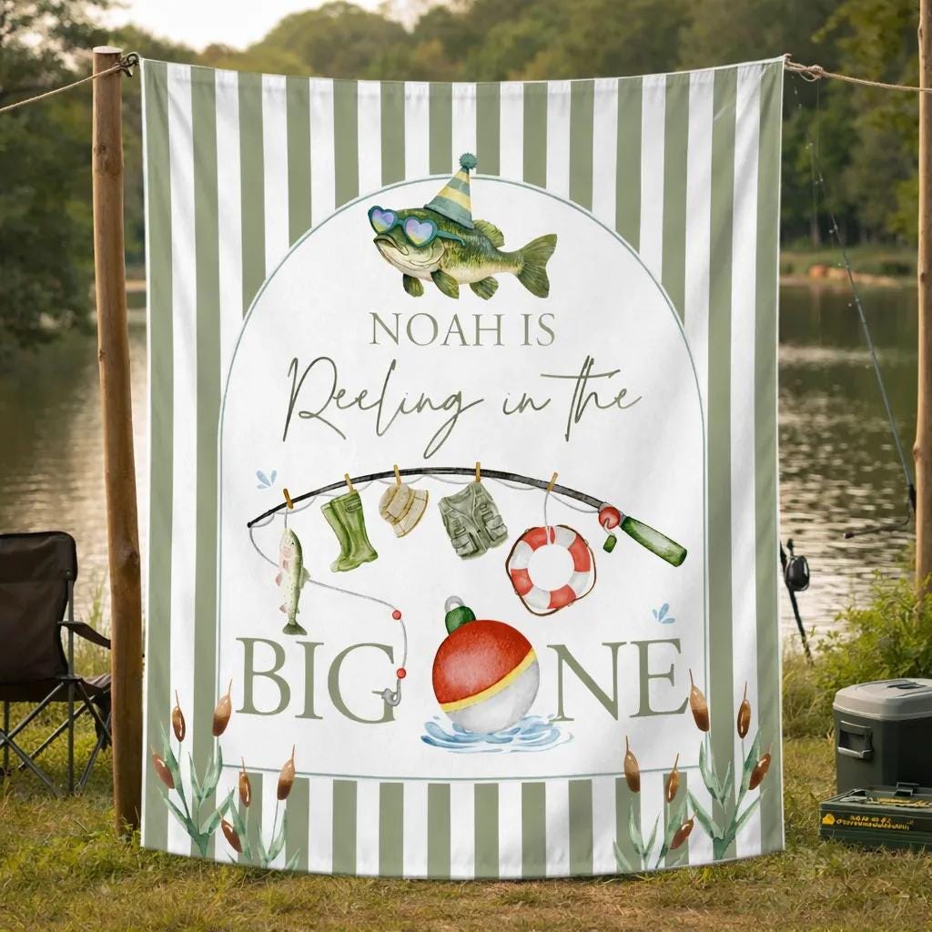 Personalized Fishing First Birthday Banner with Sage Green Stripes Custom Name Party Backdrop Reelin in the Big One Fishing Theme Decor