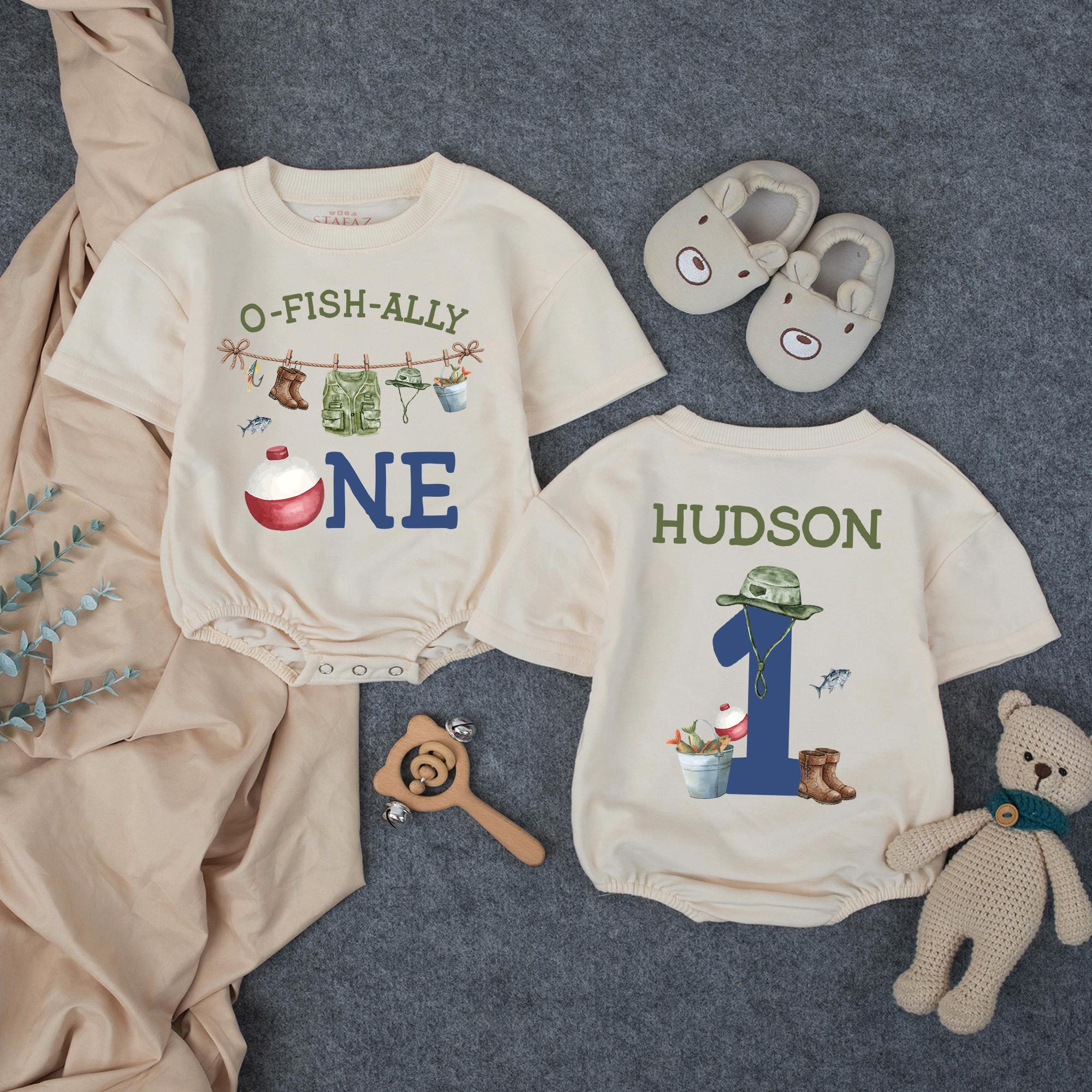 Personalized Fishing First Birthday Romper for Baby Boy, O-Fish-Ally One Outfit with Custom Name, Rustic Watercolor Theme Celebration Gift