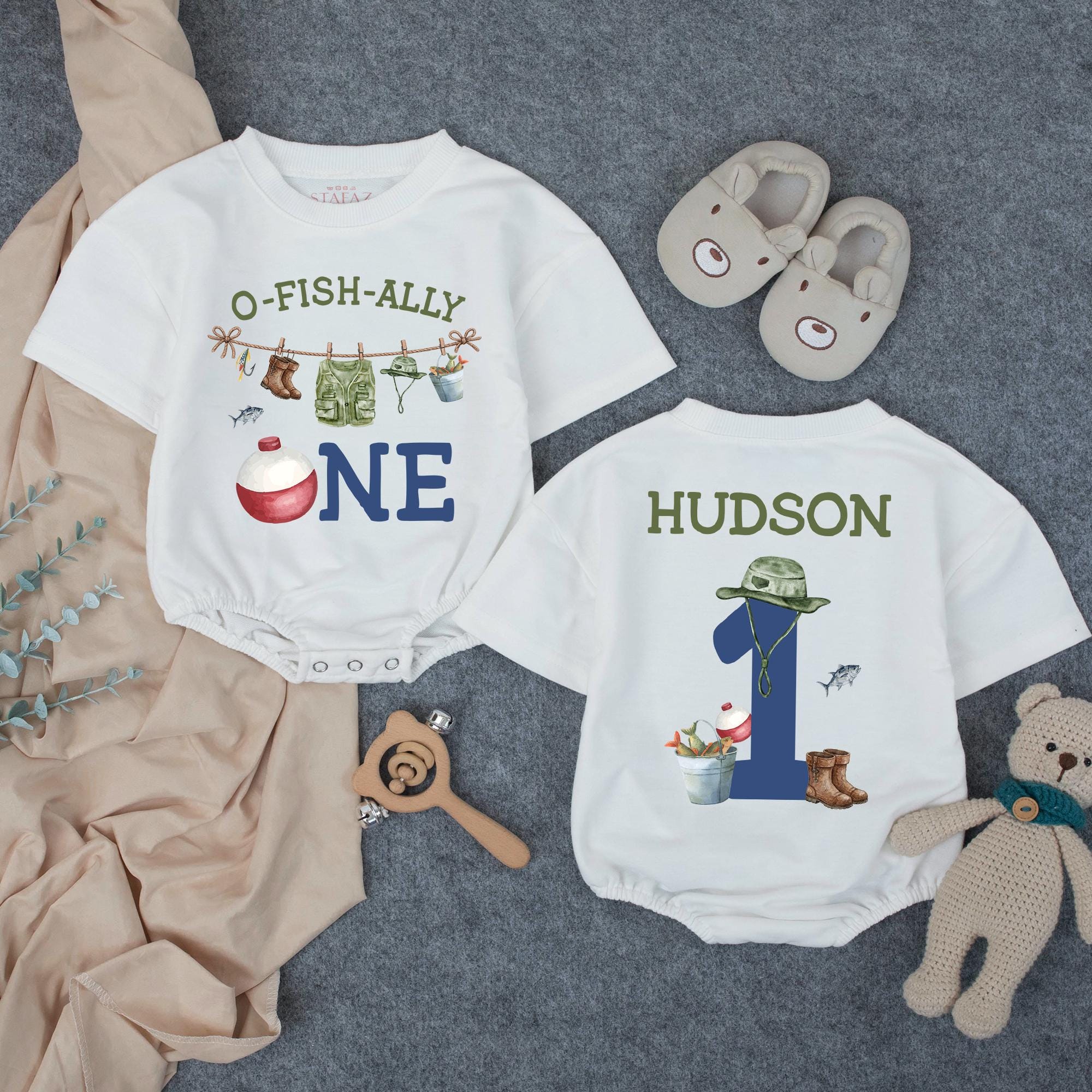 Personalized Fishing First Birthday Romper for Baby Boy, O-Fish-Ally One Outfit with Custom Name, Rustic Watercolor Theme Celebration Gift