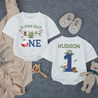 Custom Fishing Theme First Birthday Romper for Baby, O-Fish-Ally One Design, Soft Cotton Long Sleeve Outfit, Perfect for Milestone Photos