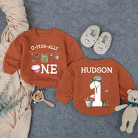 Custom Fishing Theme First Birthday Romper for Baby, O-Fish-Ally One Design, Soft Cotton Long Sleeve Outfit, Perfect for Milestone Photos