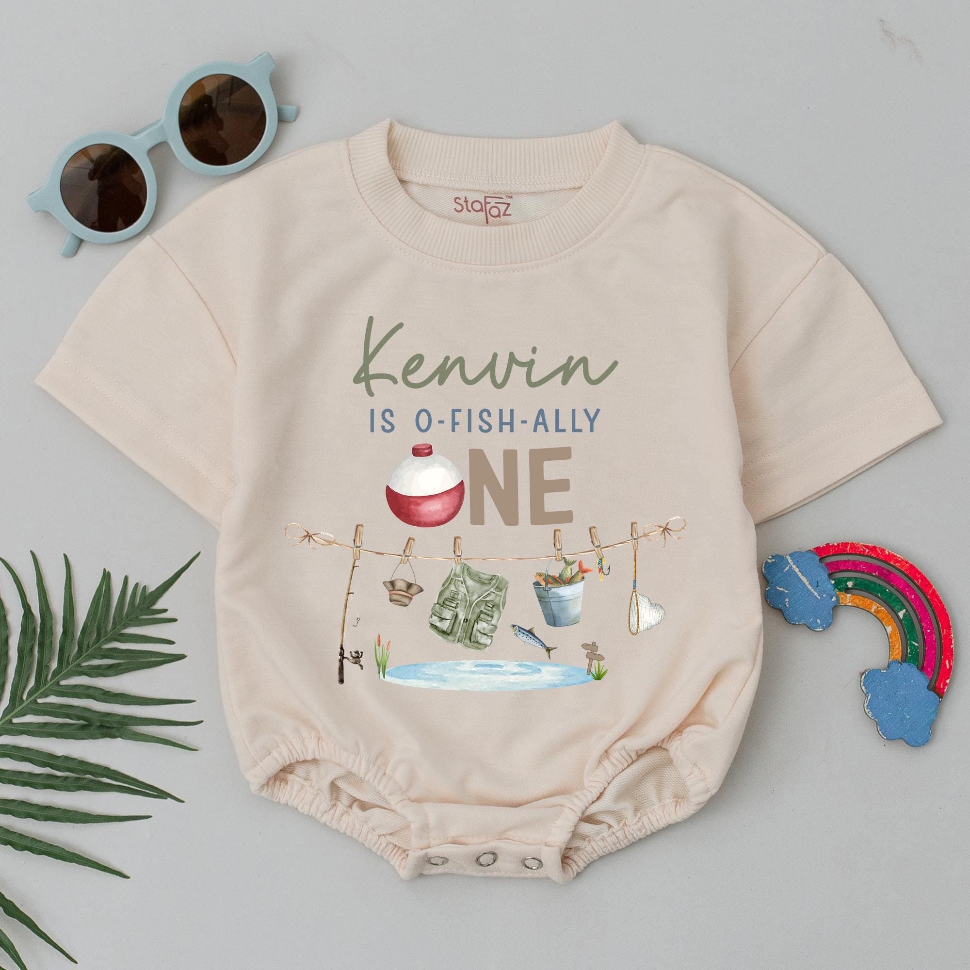 Personalized Fishing First Birthday Romper with Cute Watercolor Design Baby Boy Outfit Custom Name Cotton Soft Gift for Party or Shower