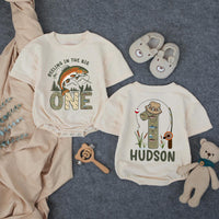 Personalized Fishing First Birthday Shirt for Baby Boy, Rustic Outdoor Theme Romper with Leaping Trout, Name and Age Custom Outfit Gift