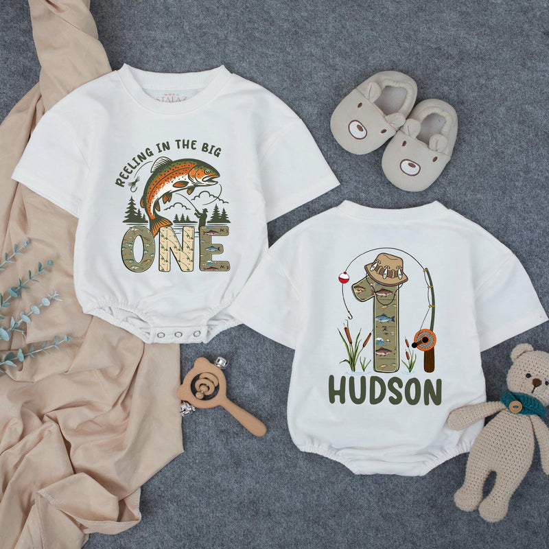 Personalized Fishing First Birthday Shirt for Baby Boy, Rustic Outdoor Theme Romper with Leaping Trout, Name and Age Custom Outfit Gift