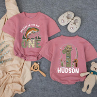 Personalized Fishing First Birthday Shirt for Baby Boy, Rustic Outdoor Theme Romper with Leaping Trout, Name and Age Custom Outfit Gift