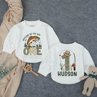 Personalized Fishing First Birthday Shirt for Baby Boy, Rustic Outdoor Theme Romper with Leaping Trout, Name and Age Custom Outfit Gift