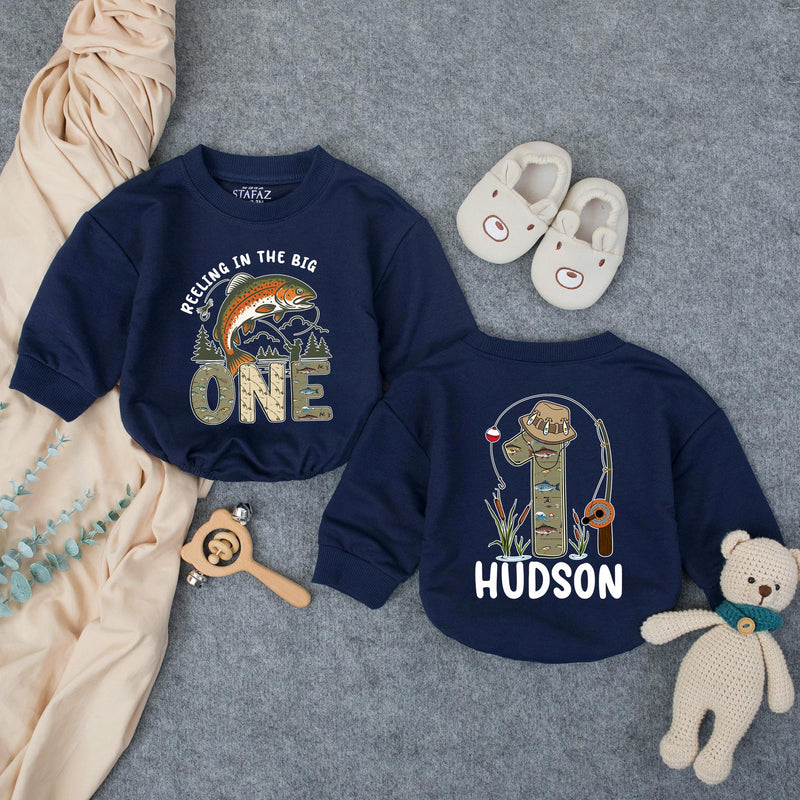 Personalized Fishing First Birthday Shirt for Baby Boy, Rustic Outdoor Theme Romper with Leaping Trout, Name and Age Custom Outfit Gift