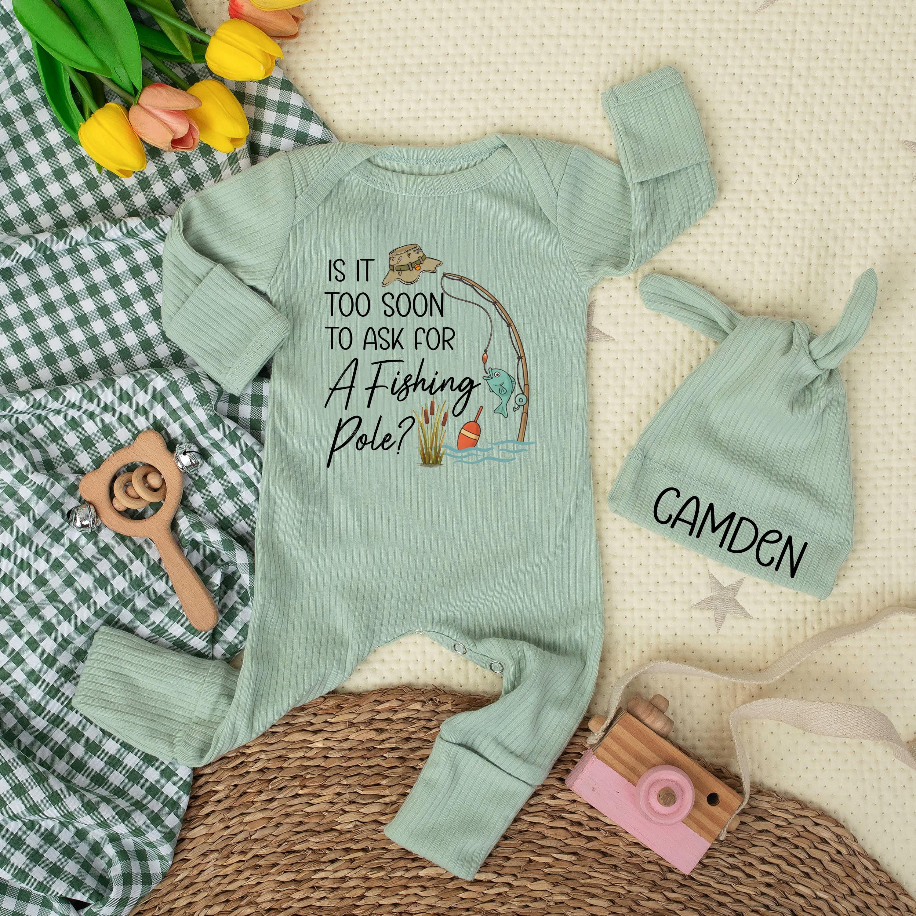 Personalized Fishing Pole Baby Bodysuit with Camden Hat Funny Infant Outfit Soft Cotton Newborn Gift Outdoor Baby Shower Keepsake