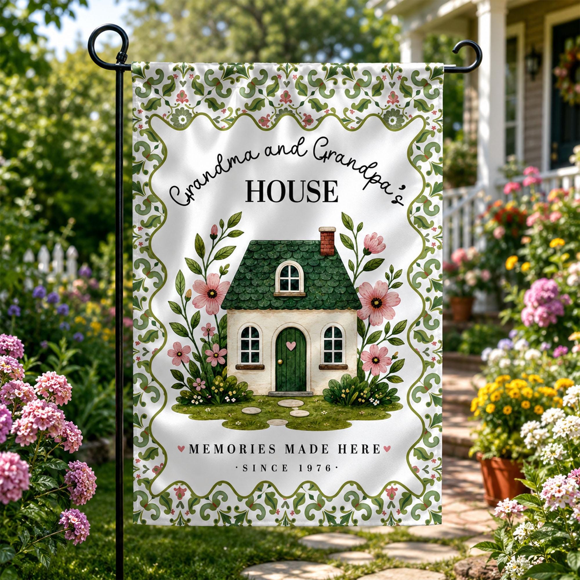 Personalized Floral Garden Flag for Grandma and Grandpa Whimsical Cottage Banner Custom Outdoor Yard Decor Gift with Vintage Pink Design