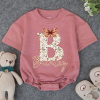 Personalized Floral Initial Baby Girl Bubble Romper with Butterfly Design, Soft Cotton Bodysuit, Boho Chic Outfit for Ages 0-24M