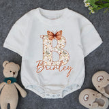 Personalized Floral Initial Baby Girl Bubble Romper with Butterfly Design, Soft Cotton Bodysuit, Boho Chic Outfit for Ages 0-24M