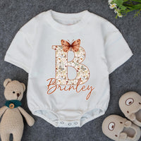 Personalized Floral Initial Baby Girl Bubble Romper with Butterfly Design, Soft Cotton Bodysuit, Boho Chic Outfit for Ages 0-24M