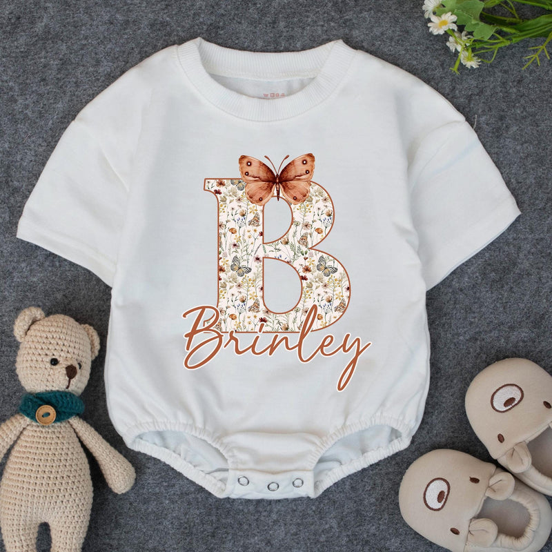 Personalized Floral Initial Baby Girl Bubble Romper with Butterfly Design, Soft Cotton Bodysuit, Boho Chic Outfit for Ages 0-24M