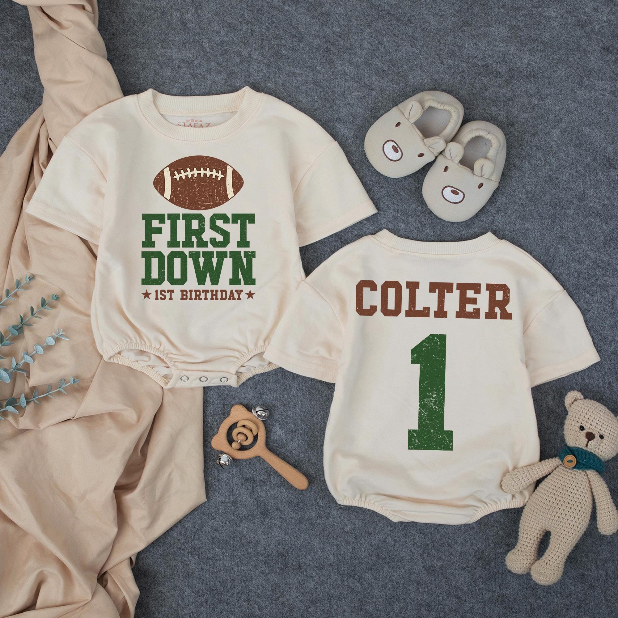 Personalized Football 1st Birthday Baby Boy Outfit with Custom Name and Number, Vintage Sports Romper, Forest Green and Brown Design