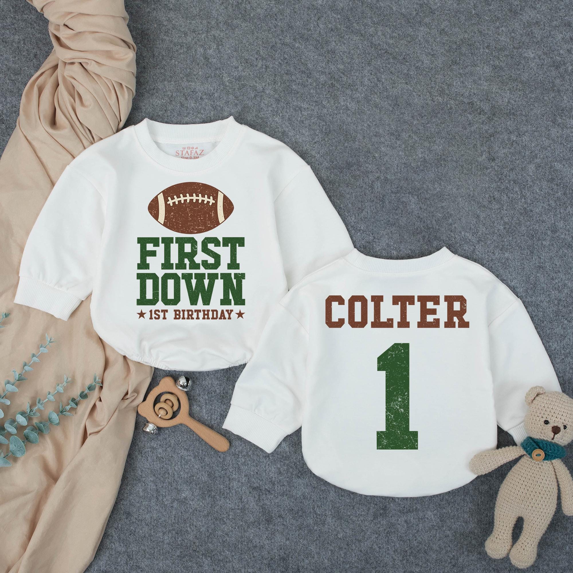 Personalized Football 1st Birthday Baby Boy Outfit with Custom Name and Number, Vintage Sports Romper, Forest Green and Brown Design