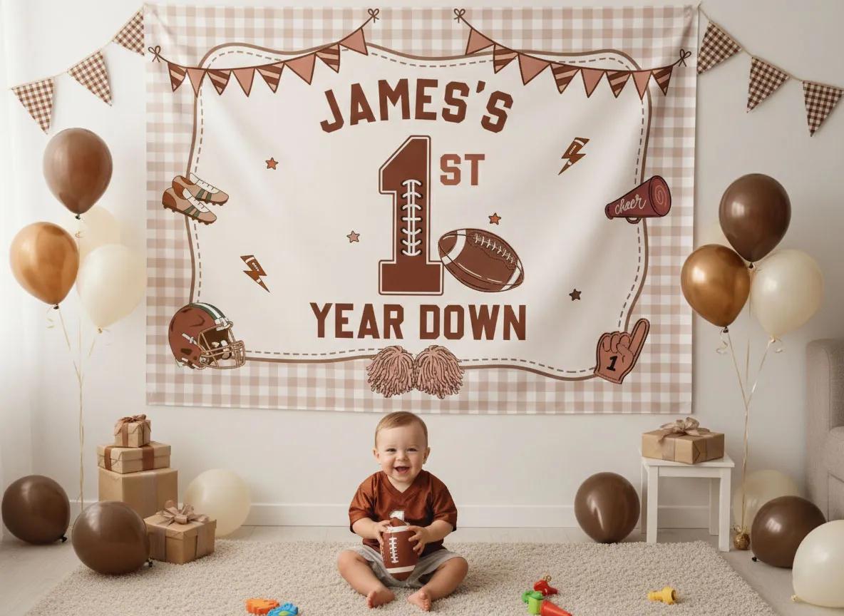 Personalized Football 1st Birthday Banner with Custom Name, Brown Gingham Game Day Decor for Baby Boy Party, Vintage Sports Backdrop
