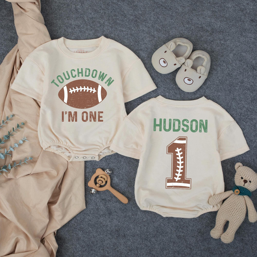 Personalized Football 1st Birthday Outfit for Baby Boys with Touchdown I'm One Shirt and Custom Name Hudson Romper in Rustic Design
