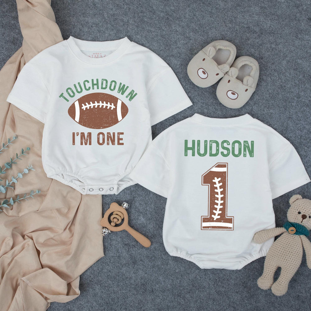 Personalized Football 1st Birthday Outfit for Baby Boys with Touchdown I'm One Shirt and Custom Name Hudson Romper in Rustic Design
