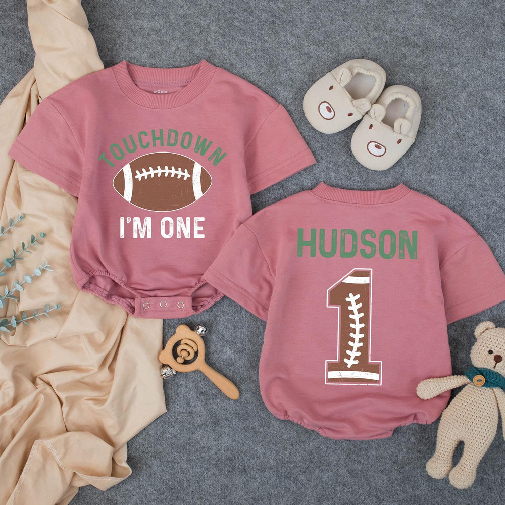 Personalized Football 1st Birthday Outfit for Baby Boys with Touchdown I'm One Shirt and Custom Name Hudson Romper in Rustic Design