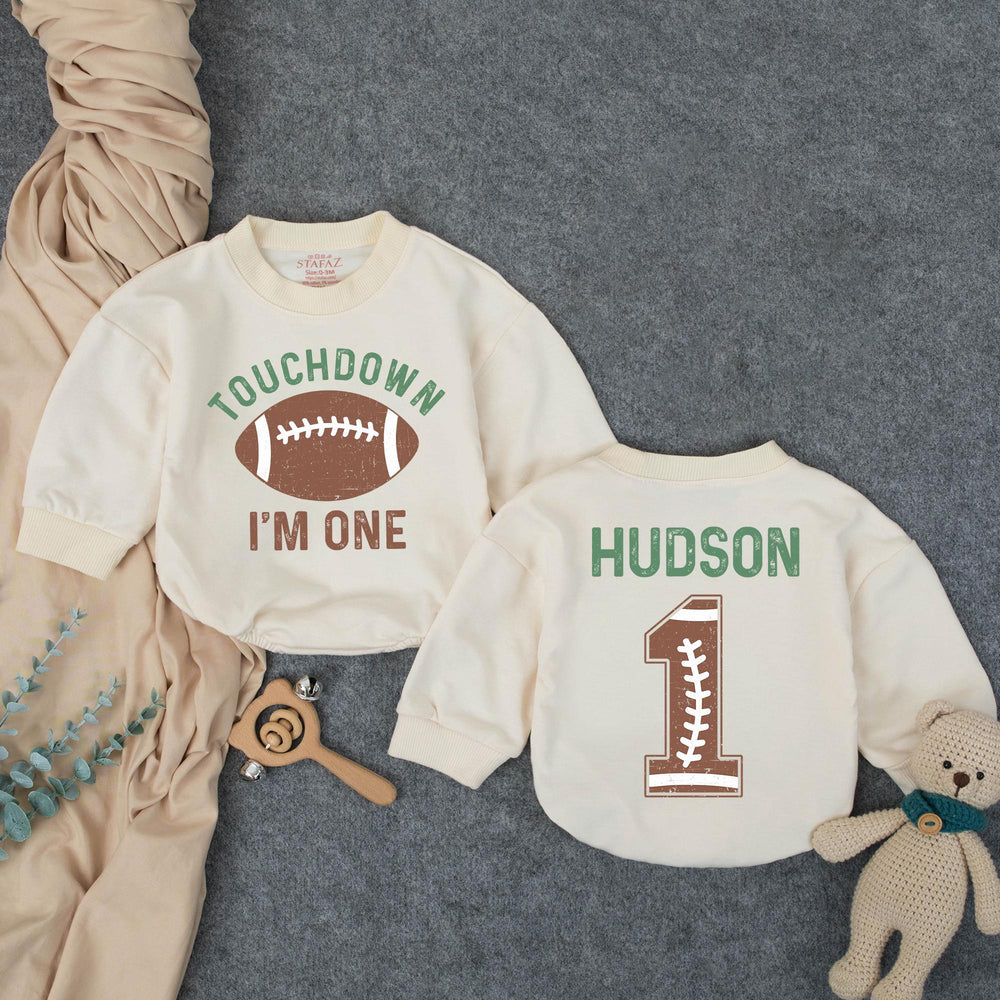 Personalized Football 1st Birthday Outfit for Baby Boys with Touchdown I'm One Shirt and Custom Name Hudson Romper in Rustic Design