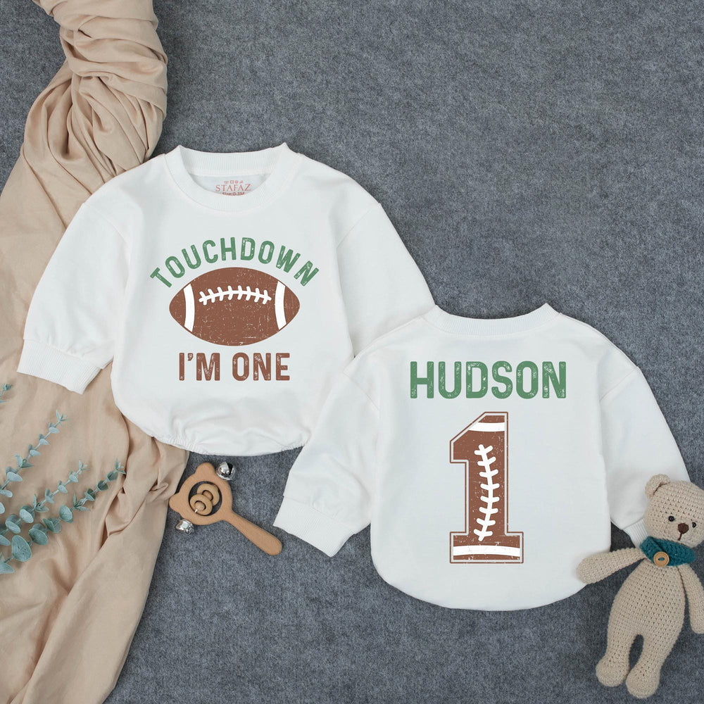 Personalized Football 1st Birthday Outfit for Baby Boys with Touchdown I'm One Shirt and Custom Name Hudson Romper in Rustic Design