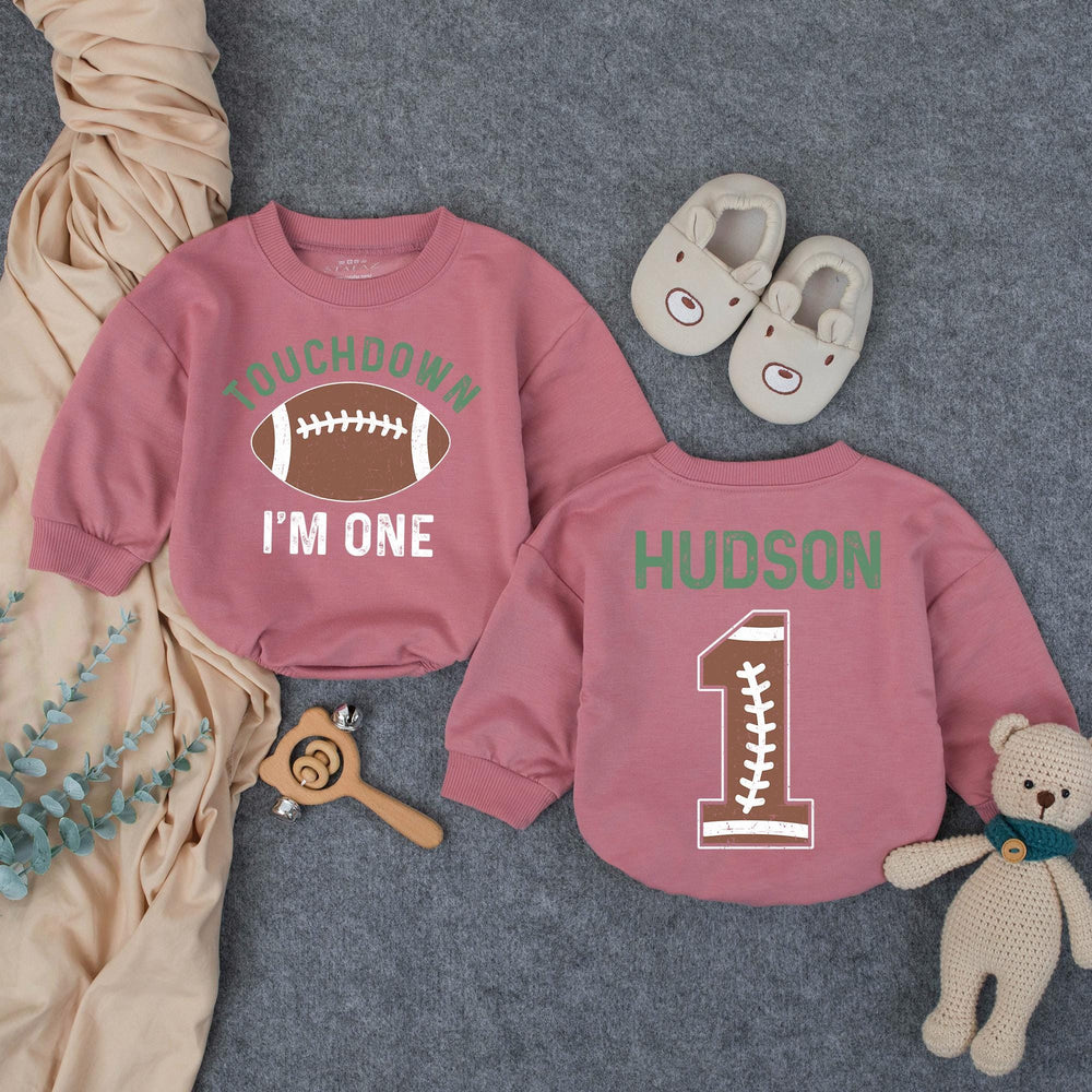 Personalized Football 1st Birthday Outfit for Baby Boys with Touchdown I'm One Shirt and Custom Name Hudson Romper in Rustic Design