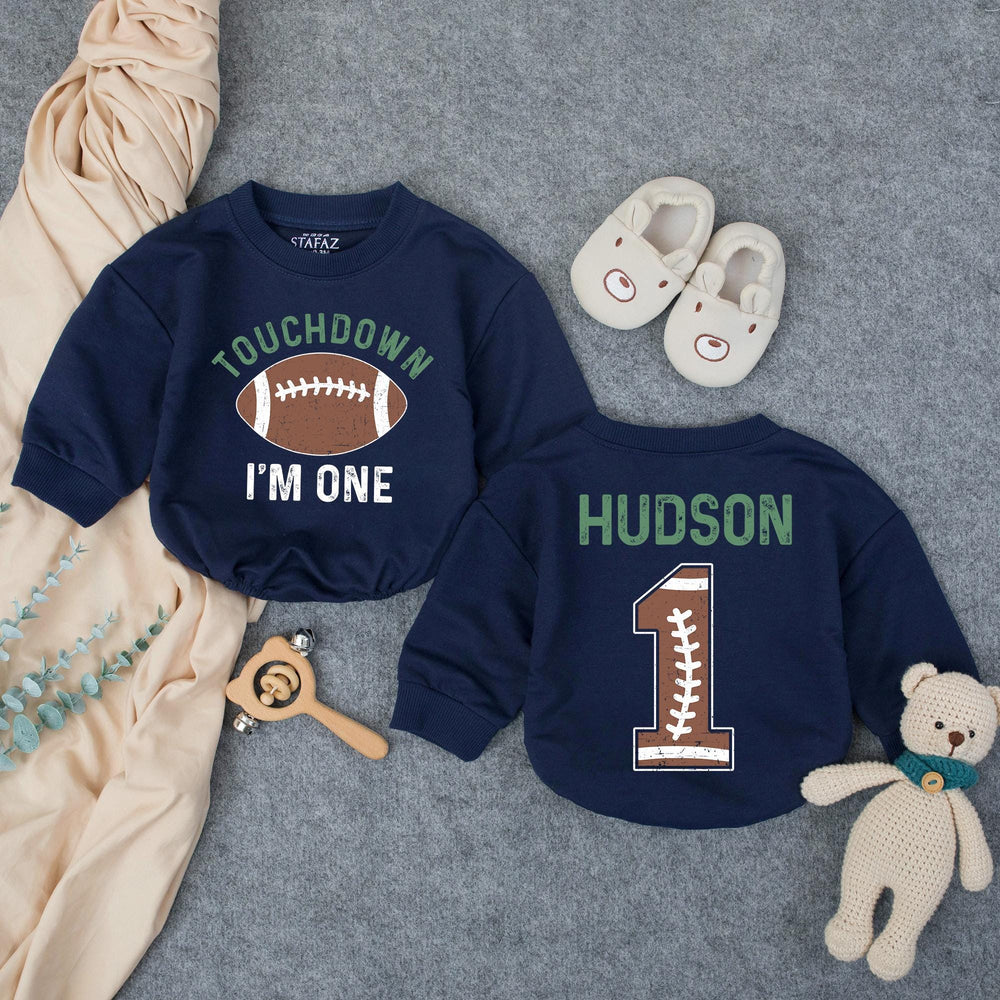 Personalized Football 1st Birthday Outfit for Baby Boys with Touchdown I'm One Shirt and Custom Name Hudson Romper in Rustic Design