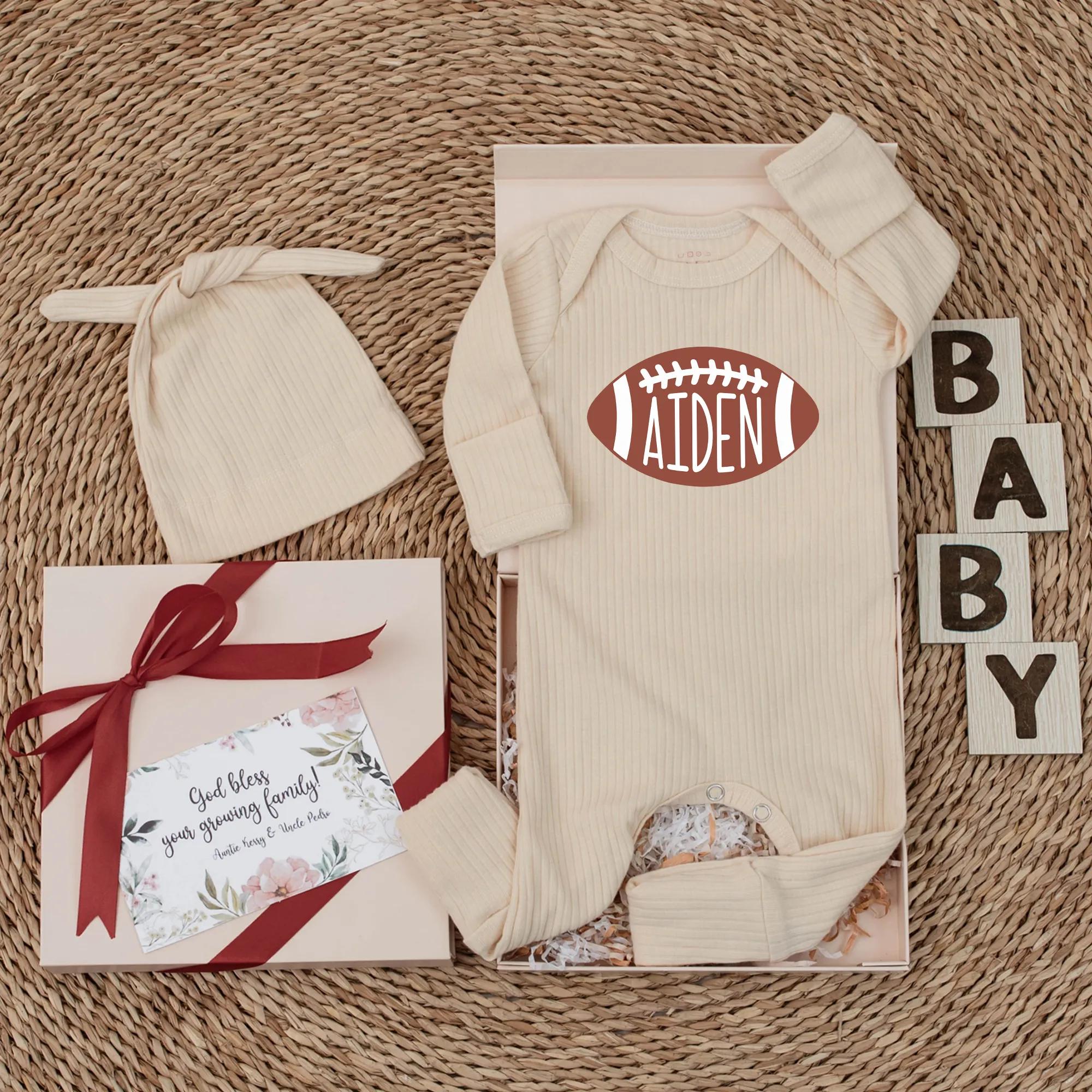 Personalized Football Baby Boy Romper Aiden Custom Sports Bodysuit Newborn Game Day Outfit Soft Cotton Baby Shower Gift