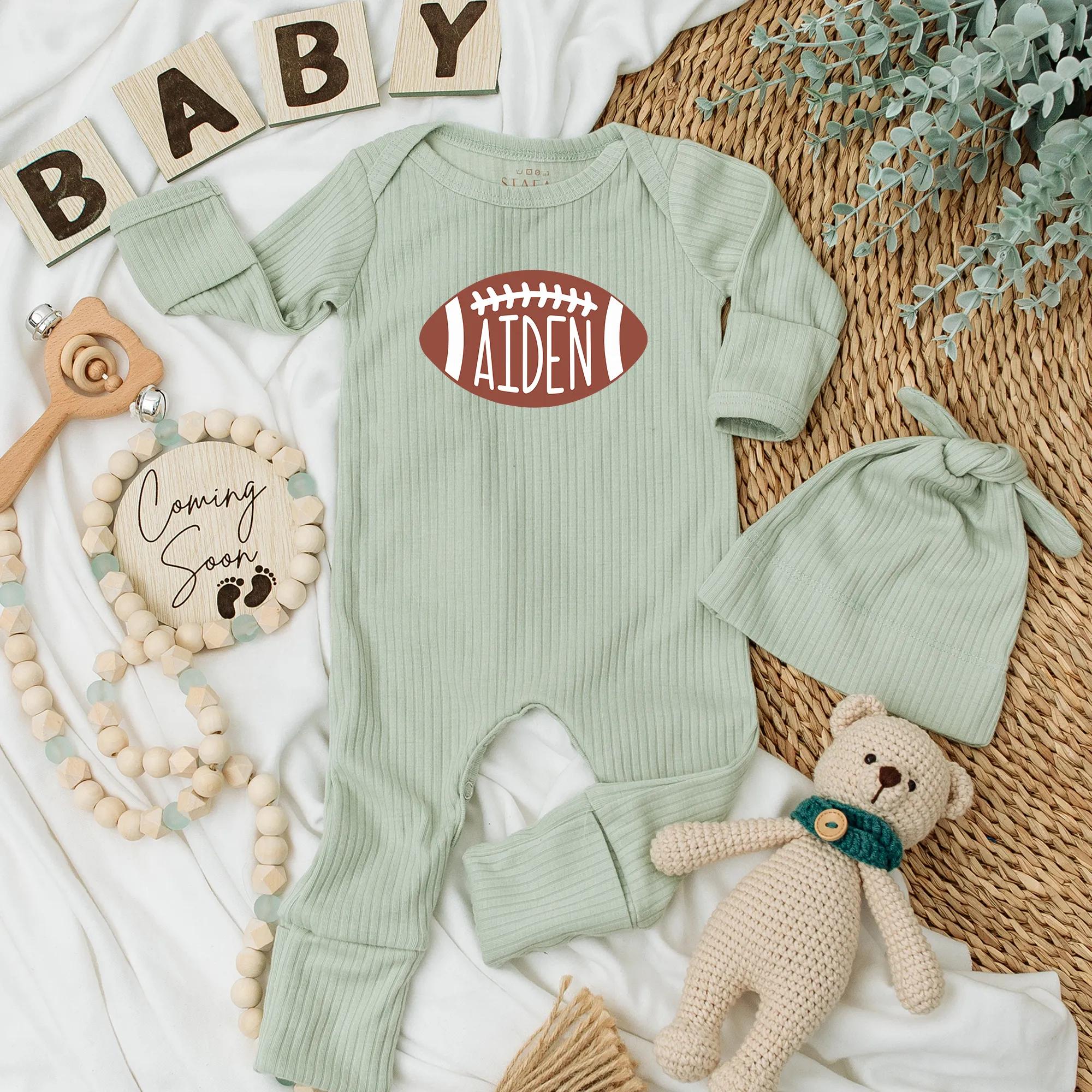 Personalized Football Baby Boy Romper Aiden Custom Sports Bodysuit Newborn Game Day Outfit Soft Cotton Baby Shower Gift