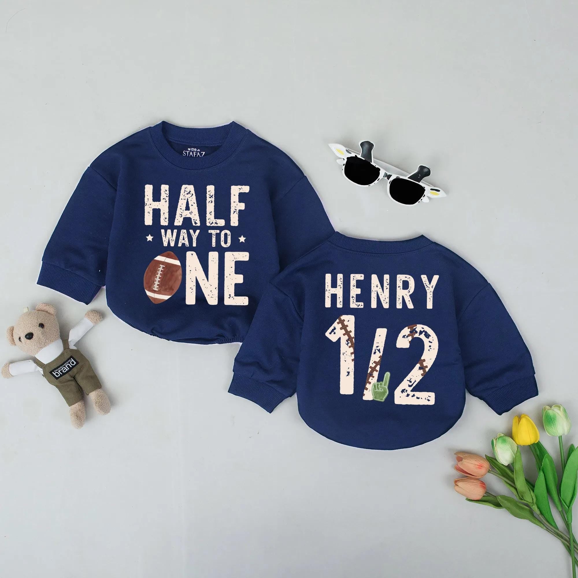 Personalized Football Baby Romper with Name Half Birthday Outfit Earthy Brown Green 1/2 Birthday Gift for Baby Boy or Toddler Celebration