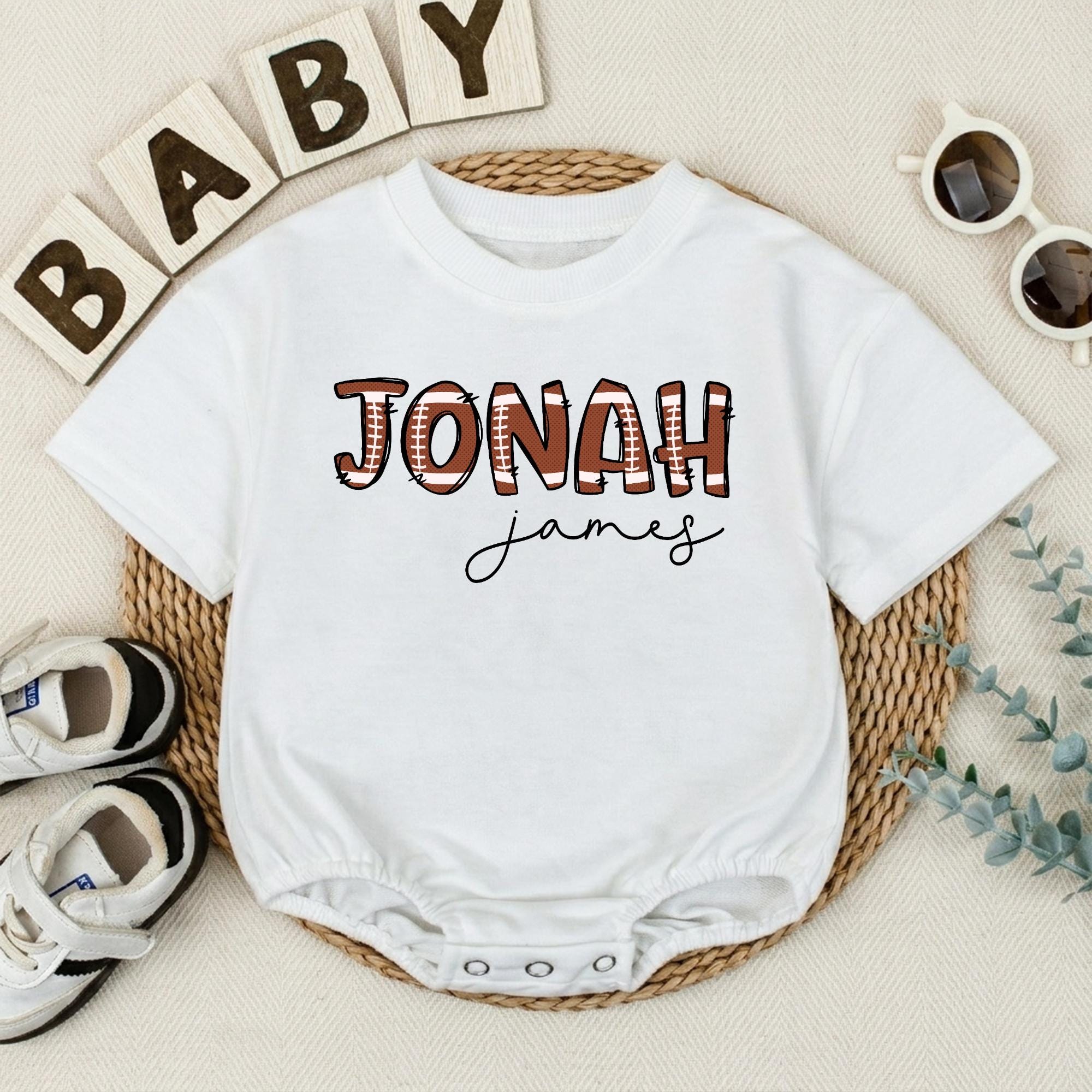 Personalized Football Baby Romper with Name Jonah Sports Theme Outfit for Baby Boy Game Day Clothes Custom Baby Shower Gift