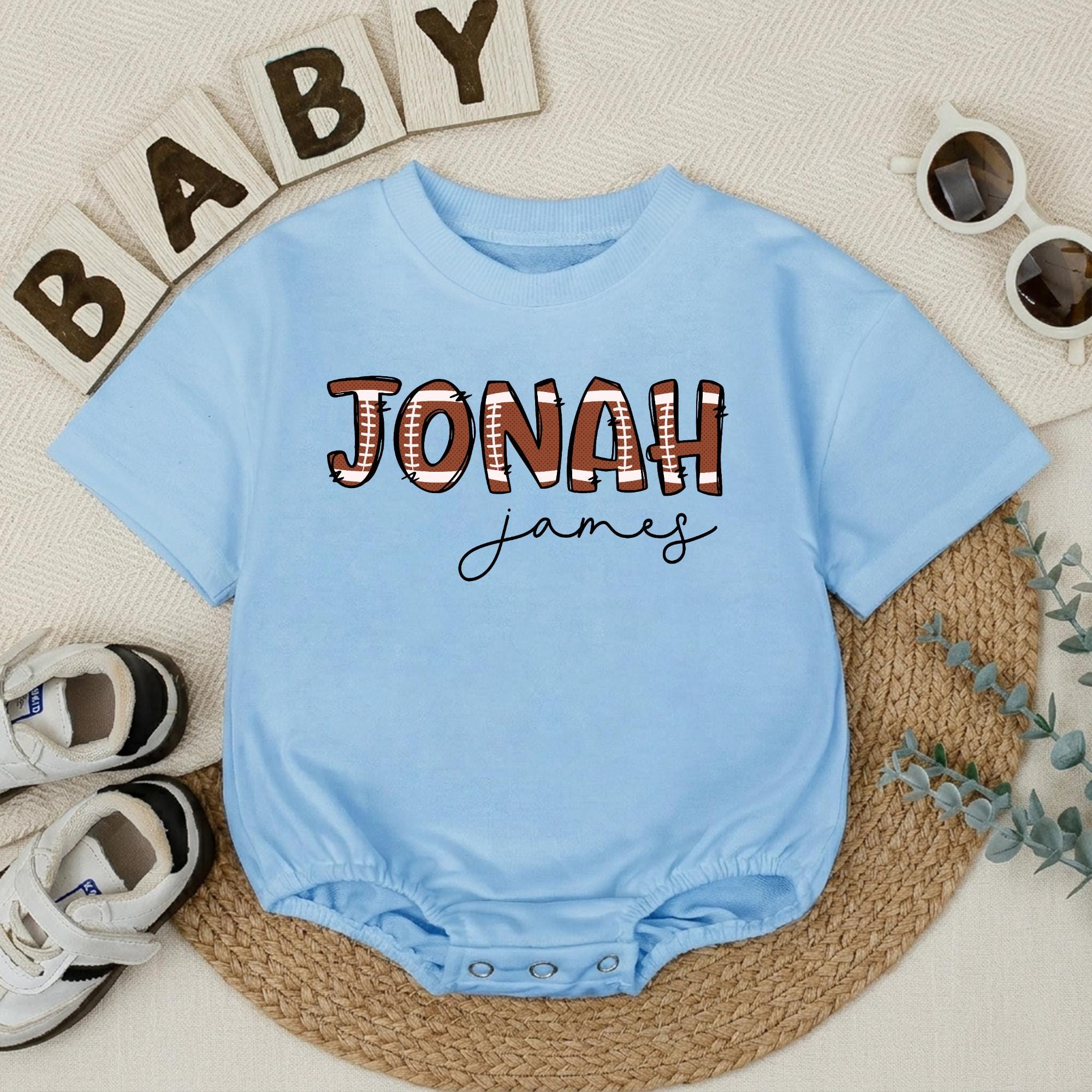 Personalized Football Baby Romper with Name Jonah Sports Theme Outfit for Baby Boy Game Day Clothes Custom Baby Shower Gift