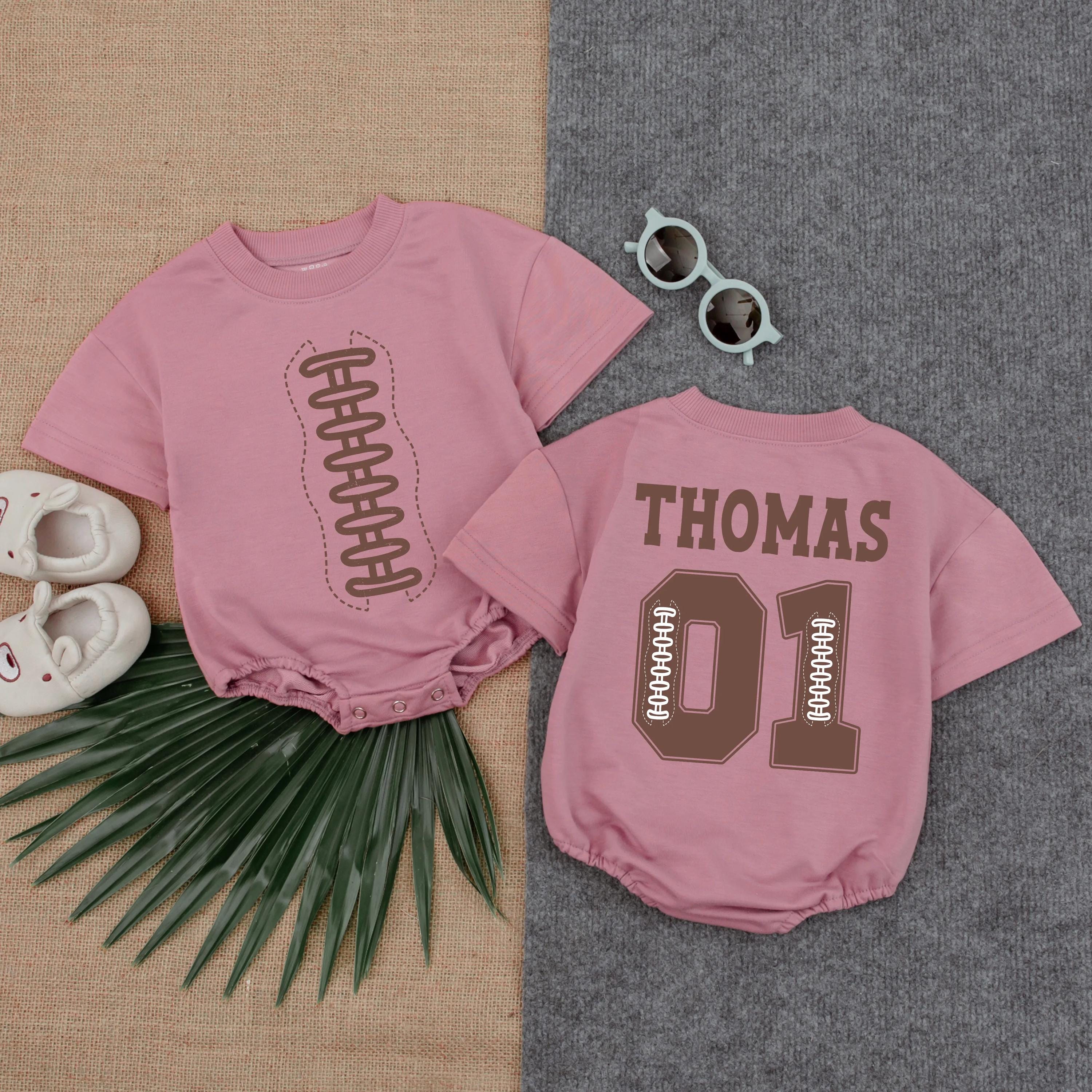 Personalized Football Baby Romper with Name Thomas 01 Fall Cotton Outfit Sports Infant Gameday Bodysuit Cute Toddler Gift