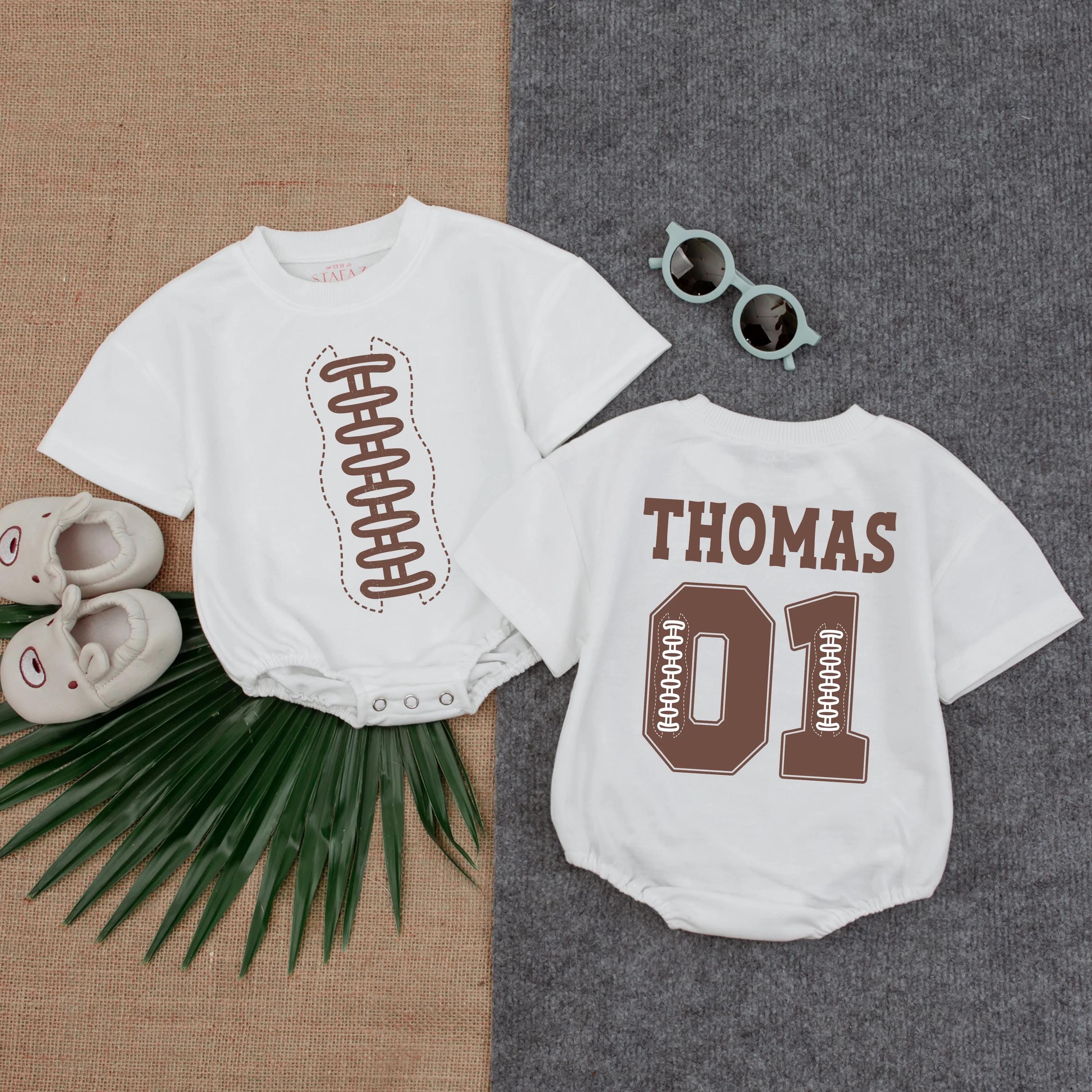 Personalized Football Baby Romper with Name Thomas 01 Fall Cotton Outfit Sports Infant Gameday Bodysuit Cute Toddler Gift