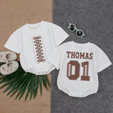 Personalized Football Baby Romper with Name Thomas 01 Fall Cotton Outfit Sports Infant Gameday Bodysuit Cute Toddler Gift