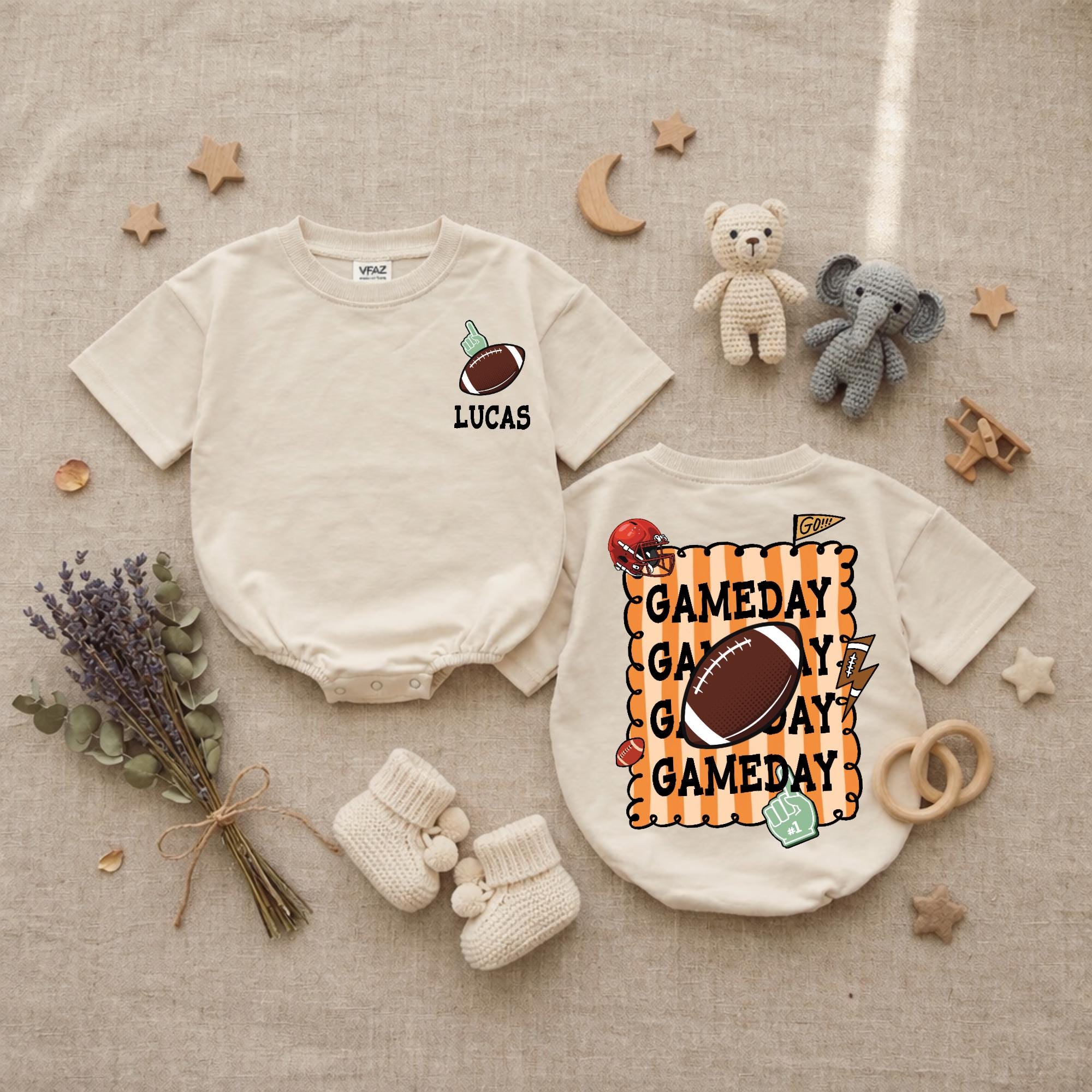 Personalized Football Baby Romper with Retro Gameday Design, Custom Infant Bodysuit for Boys, Soft Cotton Gift for Football Baby Shower