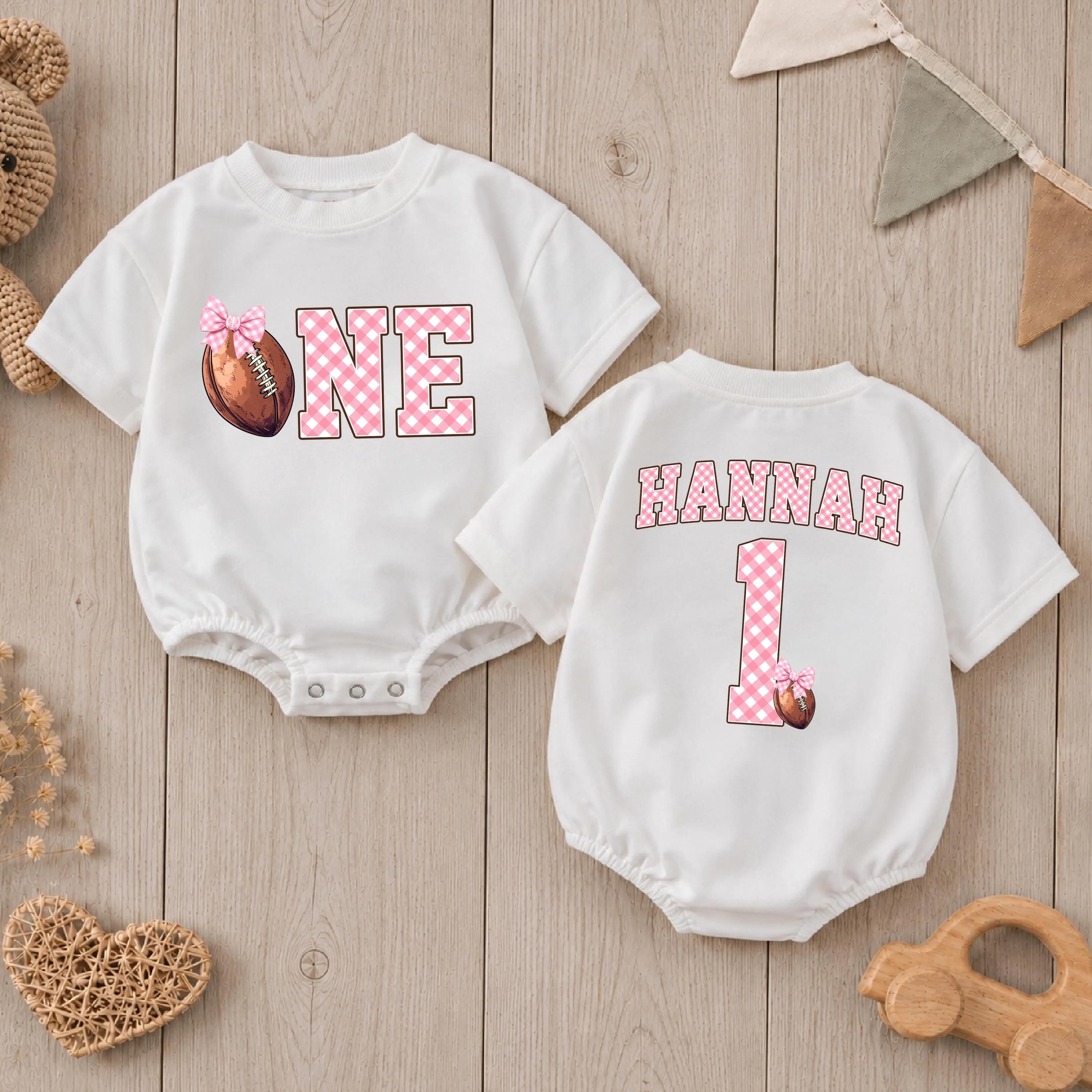 Personalized Football Birthday Romper for Baby Girl, Pink Gingham Bow 1st Birthday Outfit, Cake Smash Clothes with Custom Name Design