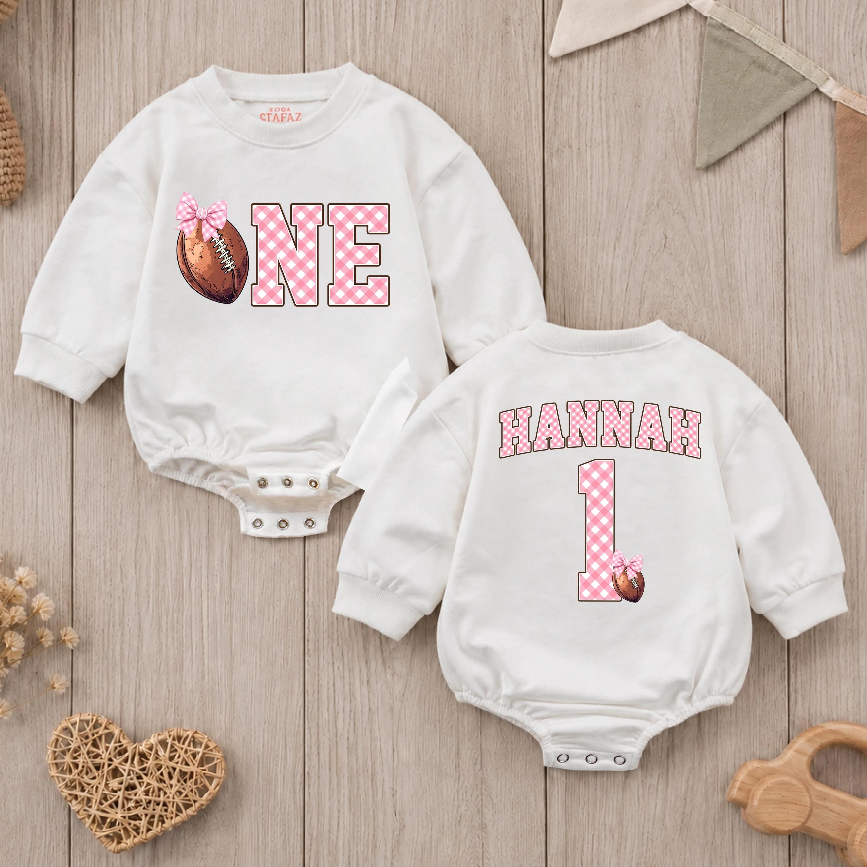Personalized Football Birthday Romper for Baby Girl, Pink Gingham Bow 1st Birthday Outfit, Cake Smash Clothes with Custom Name Design