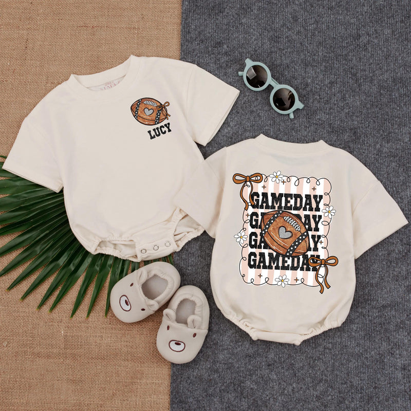 Personalized Football Bow Baby Romper Gameday Outfit Cute Custom Name Design Soft Cotton Newborn Toddler Clothes Brown Orange Pattern
