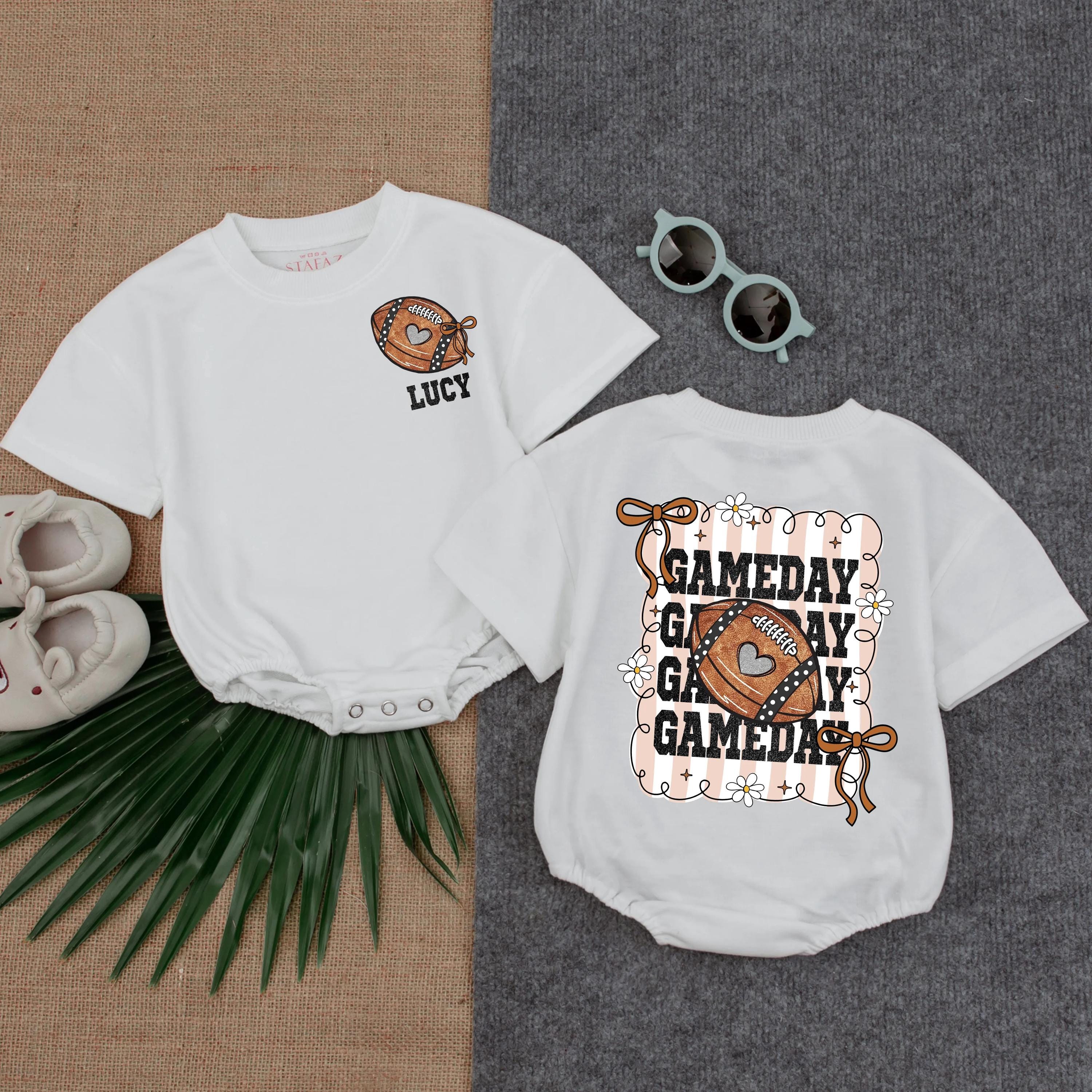 Personalized Football Bow Baby Romper Gameday Outfit Cute Custom Name Design Soft Cotton Newborn Toddler Clothes Brown Orange Pattern