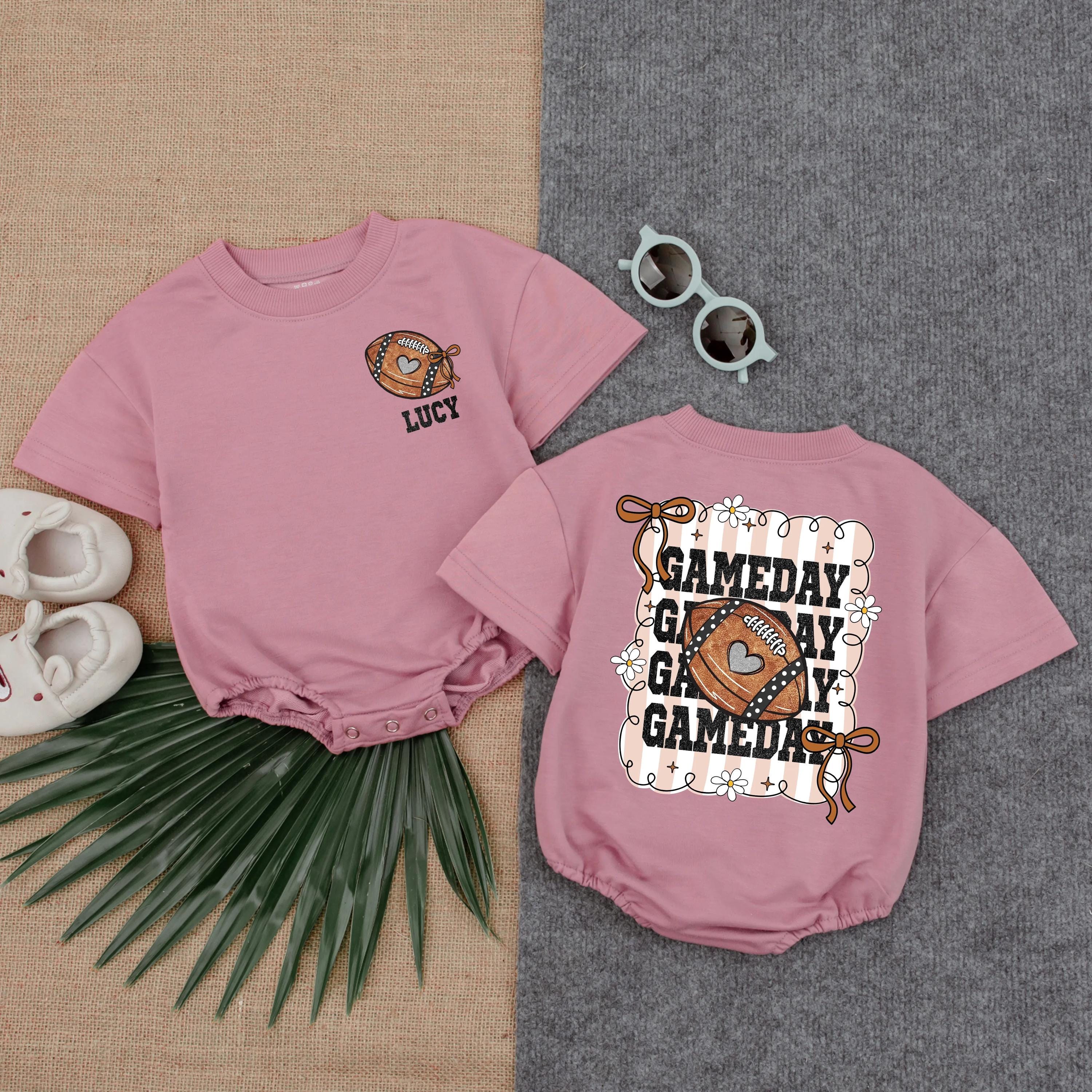 Personalized Football Bow Baby Romper Gameday Outfit Cute Custom Name Design Soft Cotton Newborn Toddler Clothes Brown Orange Pattern