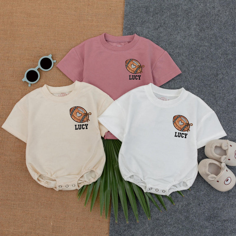 Personalized Football Bow Baby Romper Gameday Outfit Cute Custom Name Design Soft Cotton Newborn Toddler Clothes Brown Orange Pattern