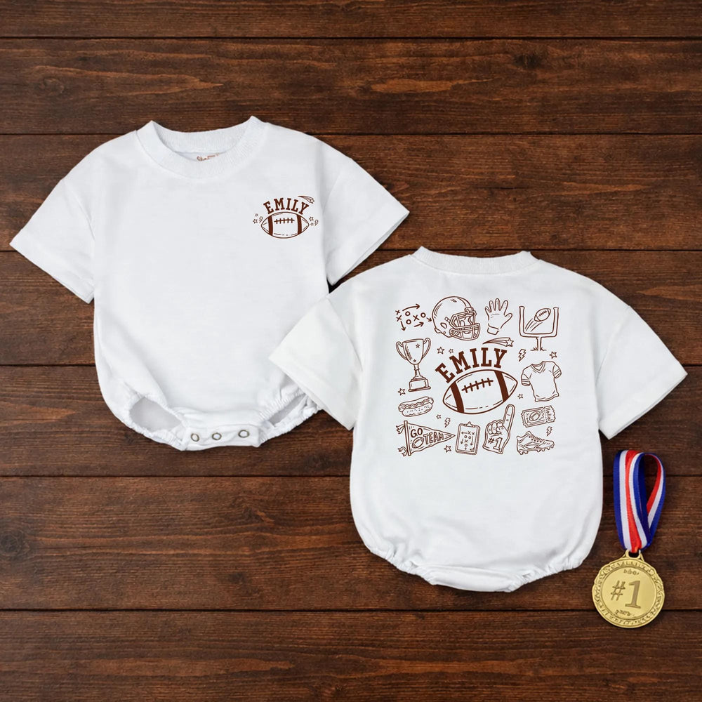 Personalized Football Doodle Baby Romper with Custom Name Emily Sketch Art Design for Boys or Girls, Soft Cotton Playful Toddler Outfit