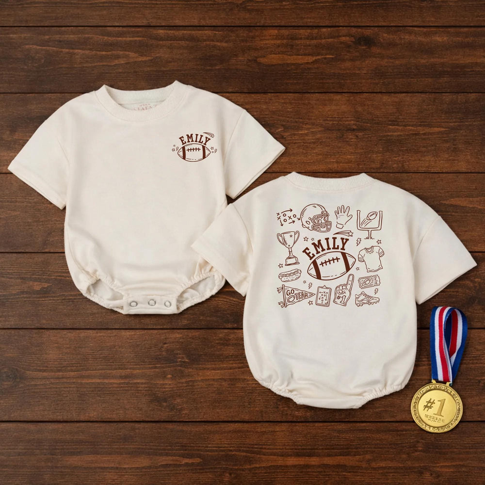 Personalized Football Doodle Baby Romper with Custom Name Emily Sketch Art Design for Boys or Girls, Soft Cotton Playful Toddler Outfit