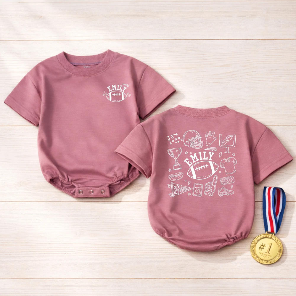 Personalized Football Doodle Baby Romper with Custom Name Emily Sketch Art Design for Boys or Girls, Soft Cotton Playful Toddler Outfit