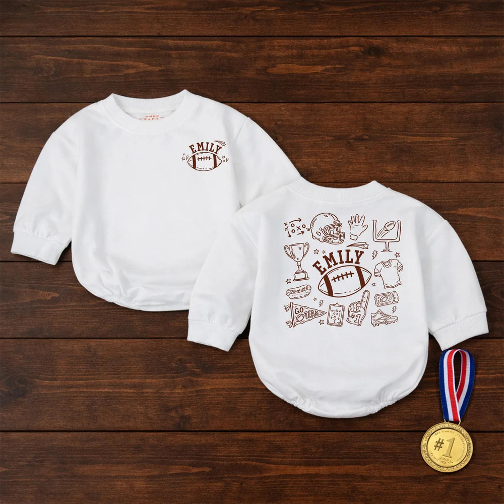 Personalized Football Doodle Baby Romper with Custom Name Emily Sketch Art Design for Boys or Girls, Soft Cotton Playful Toddler Outfit