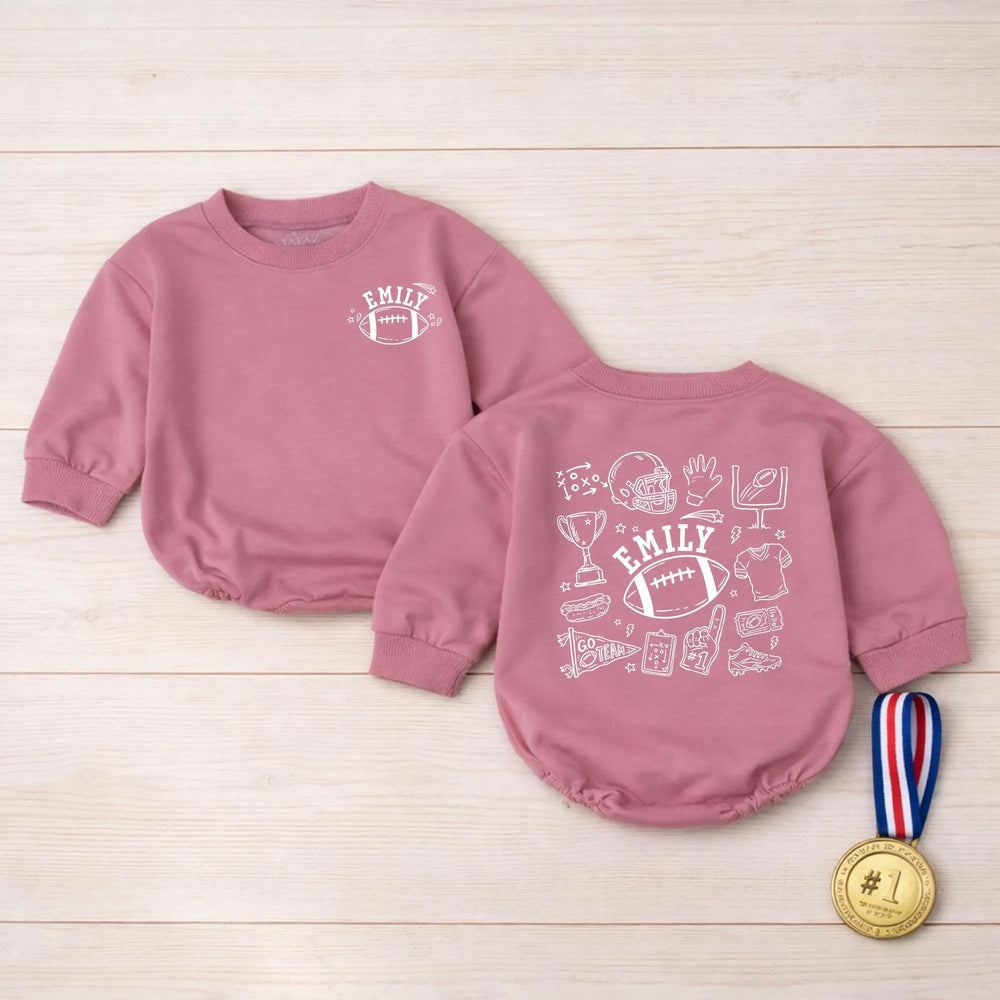 Personalized Football Doodle Baby Romper with Custom Name Emily Sketch Art Design for Boys or Girls, Soft Cotton Playful Toddler Outfit