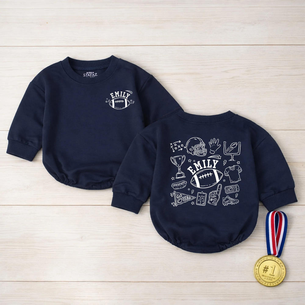 Personalized Football Doodle Baby Romper with Custom Name Emily Sketch Art Design for Boys or Girls, Soft Cotton Playful Toddler Outfit